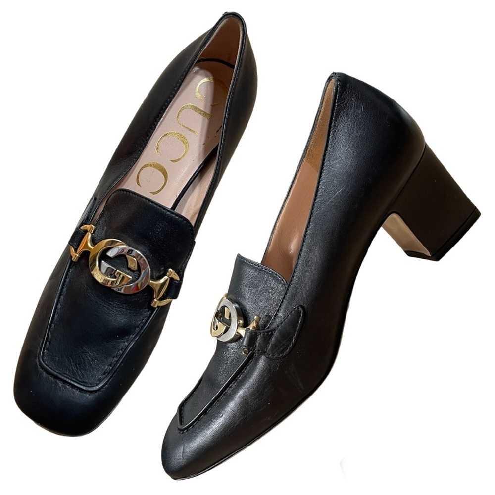 Gucci Zumi Gg Logo Black Leather Loafers Size 38.5